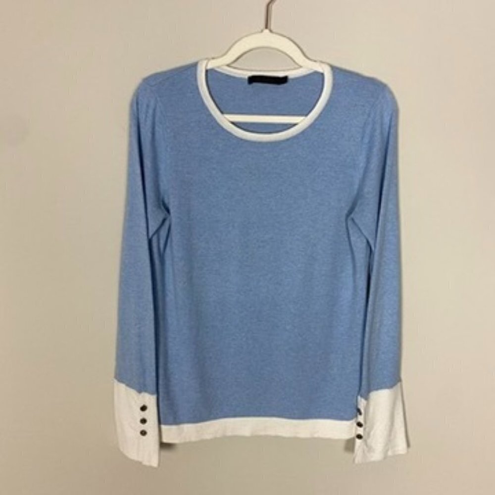 Raffi Cashmere Cotton Blend Sweater Blue Button Sleeves White Trim Womens M